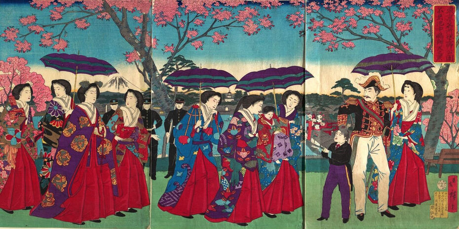 Утагава Хиросигэ III. Император Мэйдзи вместе с семьей на прогулке в парке Уэно. 1881
