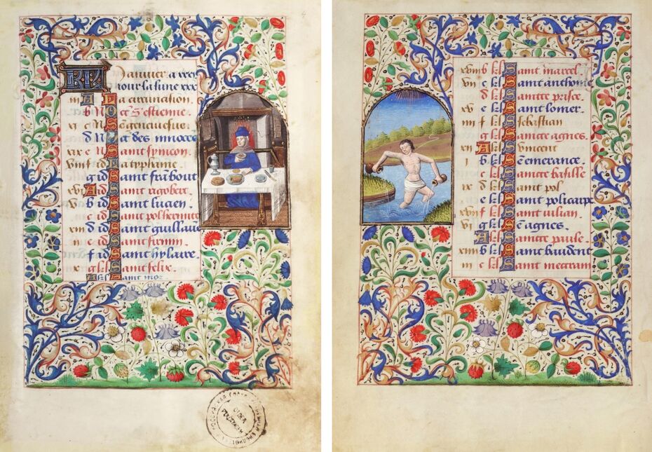 Ил. 5. Январь. Трапеза. XV в. Книга часов. Пергамен. 19,3 × 13,4 см. РГБ, Москва //  Ил. 6. Январь. Водолей. XV в. Книга часов. Пергамен. 19,3 × 13,4 см. РГБ, Москва