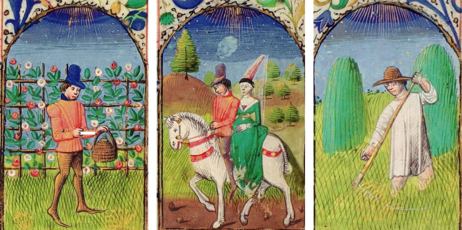 Ил. 8. Апрель, май, июнь. XV в. Книга часов. Пергамен. 19,3 × 13,4 см. РГБ, Москва