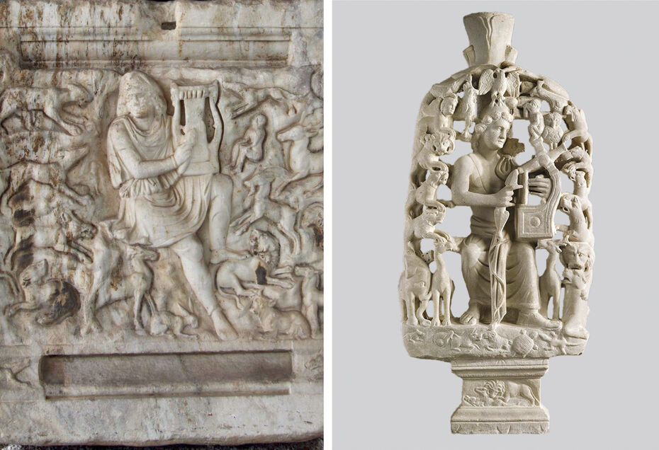 Ил. 23. Орфей, играющий на лире. 230–240. Саркофаг. Археологический музей, Фессалоники // Ил. 24. Трапедзофор (устой стола-­трапедзы) с Орфеем, играющим на лире. V в. Византийский музей, Афины