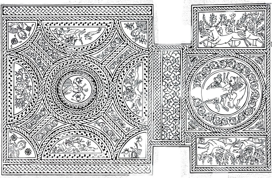 Ил. 33. Беллерофонт, поражающий Химеру, и Христос (или император) с христограммой вокруг главы. Сер. IV в. Мозаика. Вилла в Хинтон Сэйнт Мэри, Дорсет. Британский музей, Лондон. Прорисовка