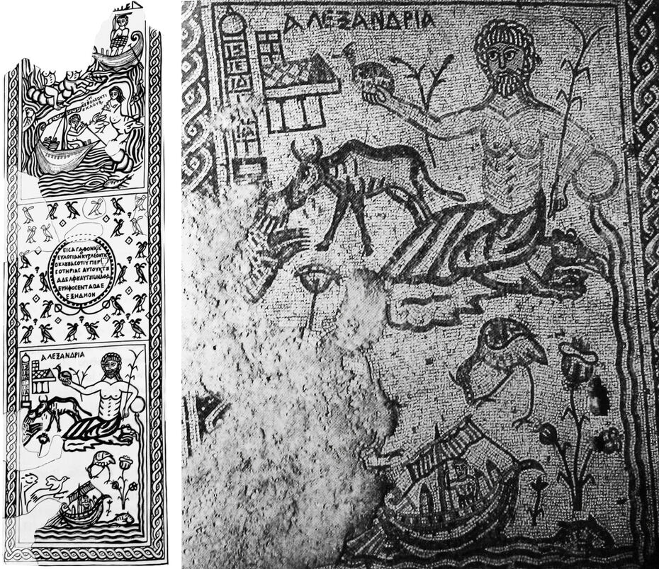 Ил. 37. Сцены с Одиссеем, слушающим пение Сирен и сражающимся со Скиллой, и персонификация Нила с ниломером, нильским пейзажем. Сер. V в. Фрагмент мозаики. Комната, примыкающая к домовой синагоге, Дом Леонтия в Нисе-­Скифополисе / Бет-­Шеан (Израиль). Прорисовка // Ил. 38. Персонификация Нила с ниломером, нильским пейзажем (на верхней панели сцены с Одиссеем). Сер. V в. Фрагмент мозаики. Комната, примыкающая к домовой синагоге, Дом Леонтия в Нисе-­Скифополисе / Бет-­Шеан (Израиль)