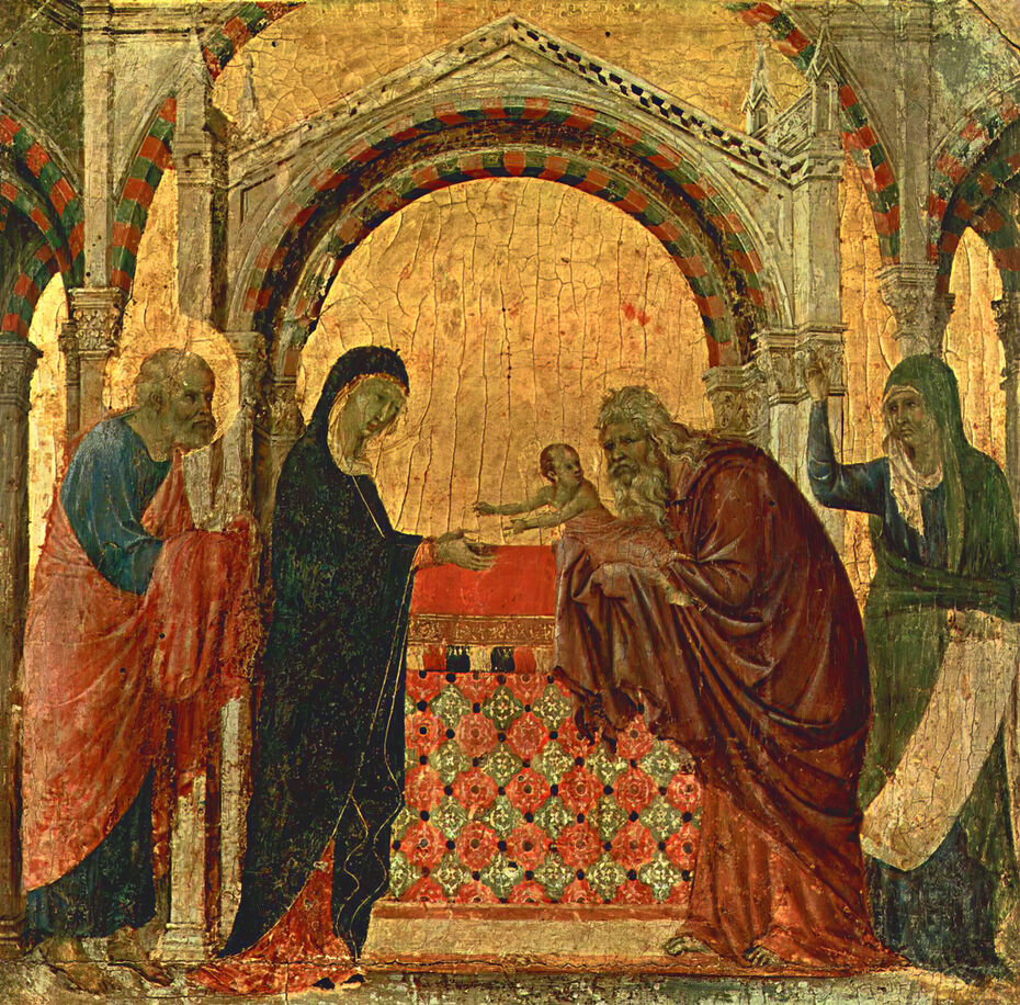 Ил. 26. Дуччо ди Буонинсенья. Сретение. 1308–1311. Панель обратной стороны «Маэсты». Дерево, темпера. 42,5 × 43. Музей Опера-дель-Дуомо, Сие
