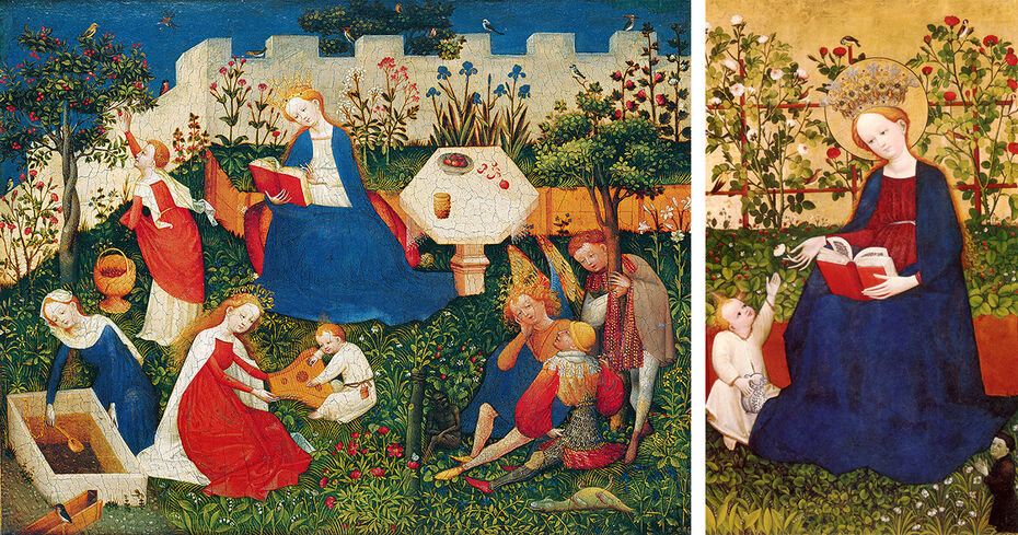 Ил. 6. Верхнерейнский мастер. Райский сад. 1410-е. Дерево, темпера, смешанная техника. 26,3 × 33,4. Штеделевский художественный институт, Франкфурт-на-Майне // Ил. 7. Верхнерейнский мастер или его мастерская. Мадонна в земляничнике. 1420-е. Дерево, темпера. 145,5 × 87. Художественный музей, Золотурн