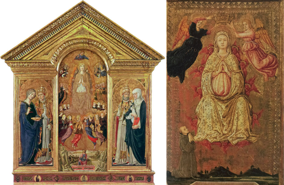 Ил. 19. Веккьетта. Санта-Мария-Ассунта со святыми. Ок. 1462–1463. Дерево, темпера. 280 × 225. Кафедральный собор, Пьенца // Ил. 20. Маттео ди Джованни. Санта-Мария-Ассунта. XV в. Частная коллекция