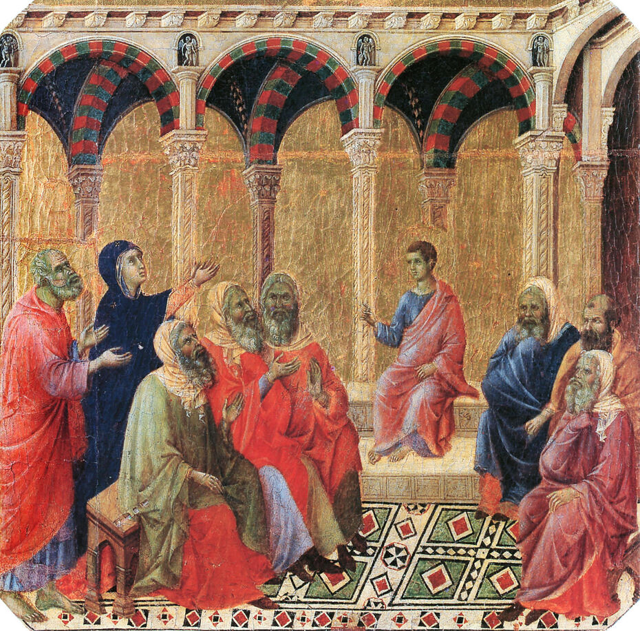 Ил. 33. Дуччо ди Буонинсенья. Христос среди учителей. 1308–1311. Панель обратной стороны «Маэсты». Дерево, темпера. 43 × 42. Музей Опера-дель-Дуомо, Сиена
