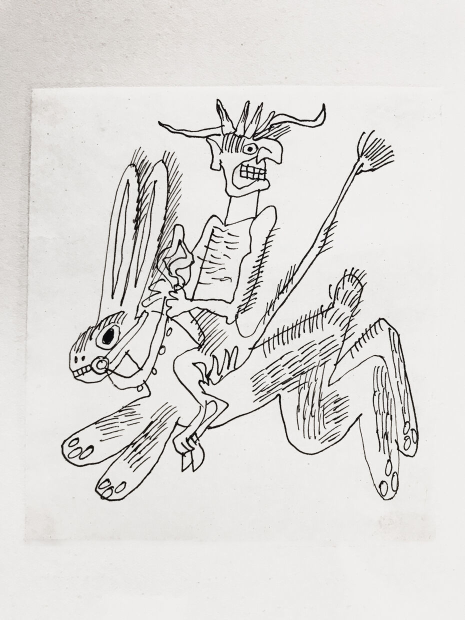 Ил. 8. Михаил Майофис. Черт на зайце. Без даты (конец 1970-х). Бумага, тушь, перо. 6 × 8,2. Собрание Г. М. Майофиса © Г. Майофис