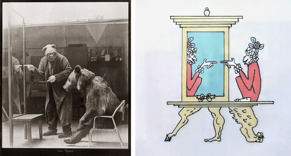 Ил. 12. Григорий Майофис. Know Thyself. 2005. Из серии «Пословицы / Пословицы народов мира» (2005–2009). Отпечаток в технике Van Dyke. 60 × 45. Собрание Г. М. Майофиса © Г. Майофис // Ил. 13. Михаил Майофис. Мартышка и зеркало. Иллюстрация к басням И. А. Крылова. 2011. Калька, карандаш, фломастер. 18 × 22. Собрание Г. М. Майофиса © Г. Майофис