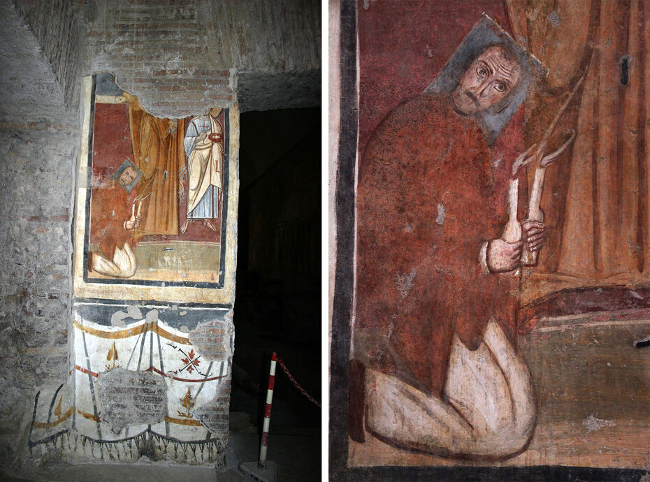 Ил. 10. Коленопреклоненная фигура заказчика (примикирия Феодота?) перед святыми Кириком и Иулиттой. Сер. VIII в. Часовня Кирика и Иулитты. Церковь Санта Мария Антиква, Рим // Ил. 11. Коленопреклоненная фигура заказчика (примикирия Феодота?) перед святыми Кириком и Иулиттой. Сер. VIII в. Часовня Кирика и Иулитты. Церковь Санта Мария Антиква, Рим