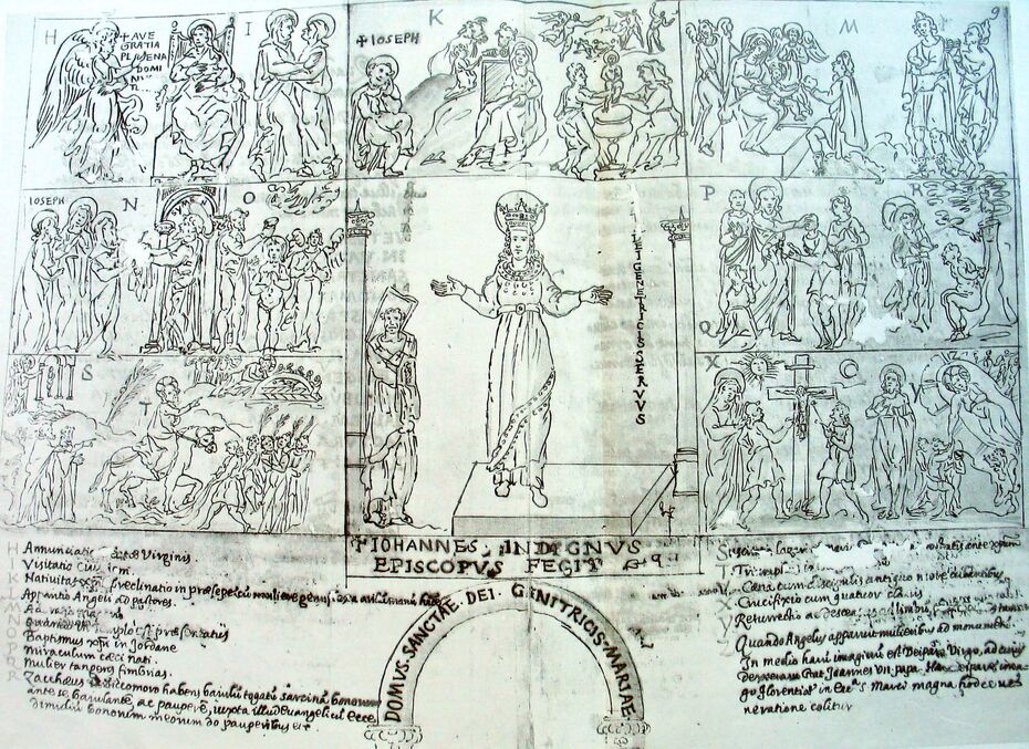 Ил. 3. Иоанн VII (705–707) перед Богоматерью Орантой и христологический цикл. Ораторий в старой базилике Св. Петра в Риме. Рисунок нач. XVII в., сделанный накануне разрушения оратория. Ватиканская библиотека