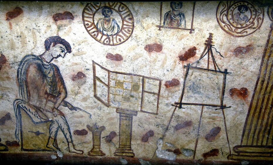 Ил. 17. Мастерская художника. I в. н.э. Расписной саркофаг из Керчи. Государственный Эрмитаж, Санкт-Петербург